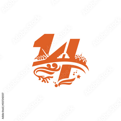 Elegant number 14 logo design with unique mosque and marine life decor, perfect for religious events, marine themes, and cultural branding.