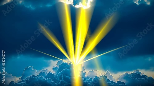 Dramatic Sky with Vibrant Yellow Sun Rays Breaking Through Dark Clouds, Creating Striking Contrast and Sense of Hope and Inspiration with Golden Rays and Vibrant Colors Illuminating Scene