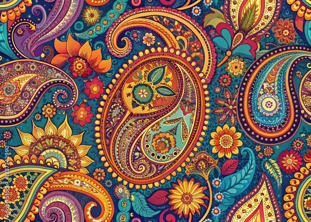 Fototapeta premium Panoramic Indian Paisley Pattern: Ornate Traditional Textile Design
