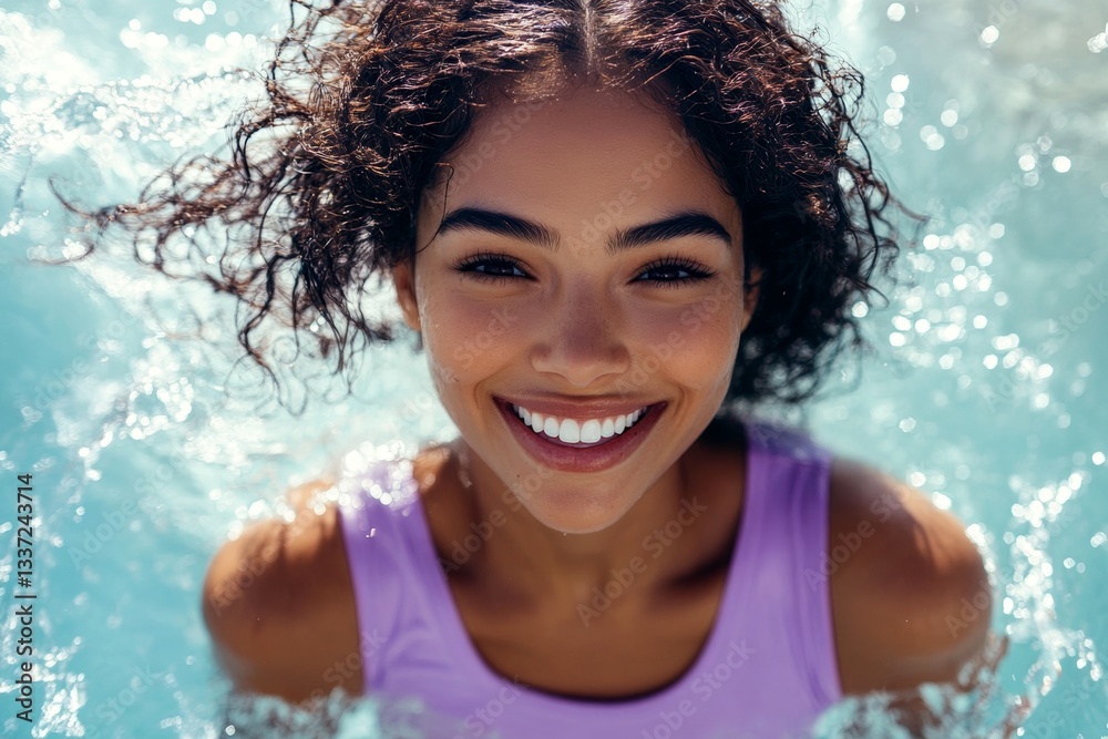 Bright Ñommercial style. Happy stress-free break getaway concept art artwork. Gorgeous and hot happy mixed-race young woman in purple tight t-shirt enjoying turquoise sea, splashes around he. Bright Ñommercial style. Happy stress-free break getaway concept art artwork. Gorgeous and hot happy mixed-race young woman in purple tight t-shirt enjoying turquoise sea, splashes around he.