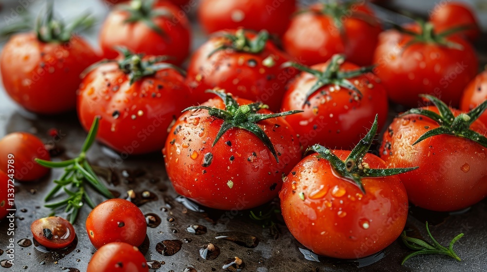 Fresh ripe cherry tomatoes with water drops, rosemary and spices on a black background. Fresh ripe cherry tomatoes with water drops, rosemary and spices on a black background.