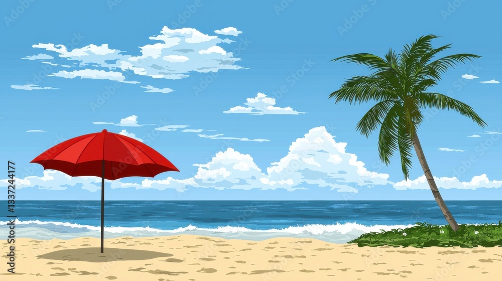 Fototapeta premium Red parasol standing on sandy beach with palm tree and blue sky