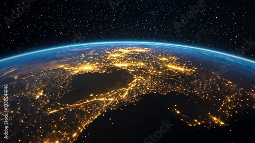 Stunning Satellite View of Earth from Space City Lights Illuminate Night, Showcasing Vibrant Human Activity Across Continents Under Starry Sky, Highlighting Geography and Atmosphere