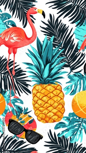 Tropical summer seamless pattern with flamingo, pineapple, sunglasses and palm leaves