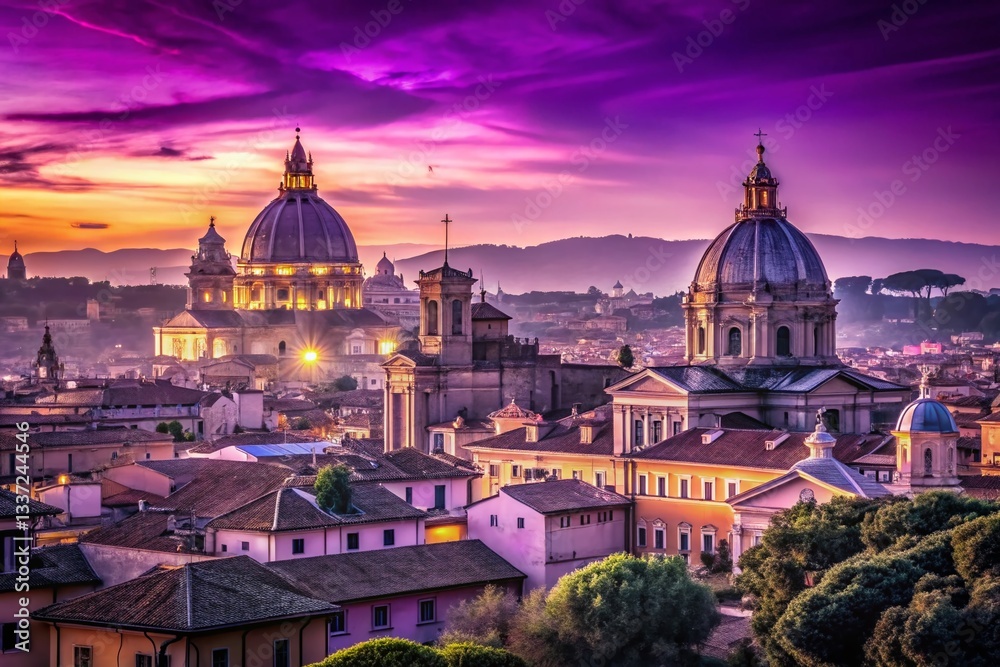 Fototapeta premium Panoramic Rome Cityscape: Monochrome Purple Urban Architecture