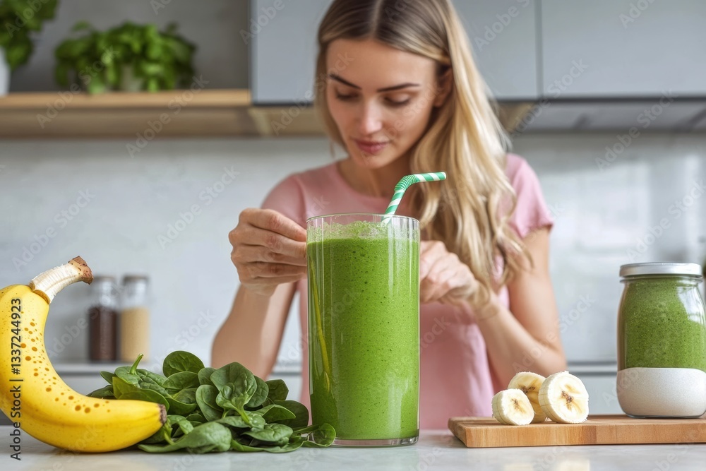 Smoothie preparation in a modern kitchen by a woman with fresh ingredients nearby Smoothie preparation in a modern kitchen by a woman with fresh ingredients nearby