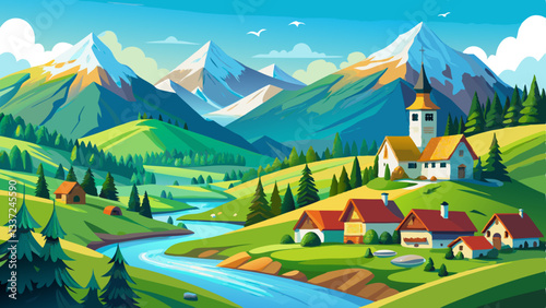 Beautiful Alps landscape with village, green fields, mountain river at sunny day. Swiss mountains at the background