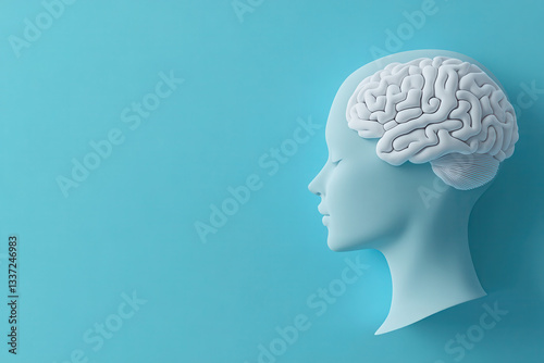 A white silhouette of a human head in profile with a detailed brain depicted inside the head