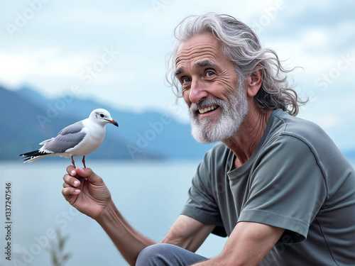 Obraz na płótnie Smiling elderly man holding seagull by the lake. w salonie