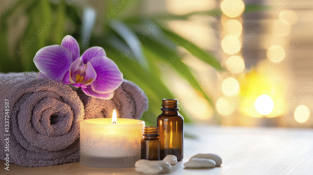 Relaxing spa setup with candles, essential oils, and towels