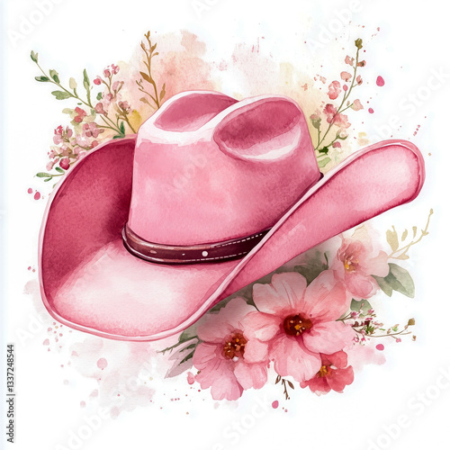 Beautiful watercolor illustration of a pink cowboy hat surrounded by delicate flowers and foliage, blending western fashion with a soft, feminine touch