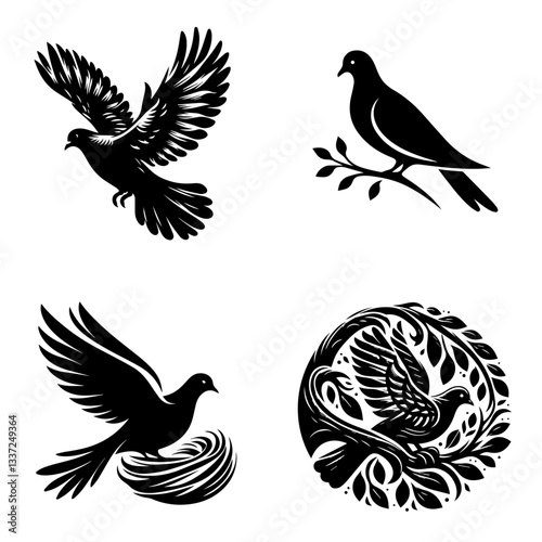 Set of vector bird silhouettes including eagle, dove, pigeon, hawk, and other flying animals, symbolizing freedom and nature with feathers and wings in black design