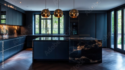 A contemporary, sleek kitchen with dark navy blue cabinets and a polished marble countertop with black veining