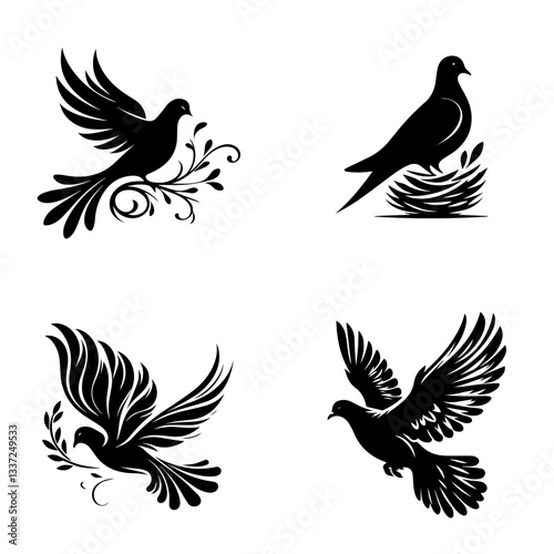 Beautiful bird silhouettes featuring doves and pigeons in natural poses, representing peace, love, and serenity, perfect for tattoos, decor, and spiritual artwork