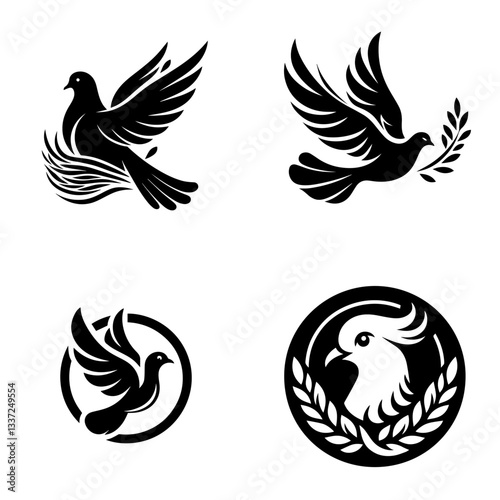 Elegant black and white silhouettes of flying doves and pigeons with detailed featherwork, symbolizing peace, love, and spiritual harmony in artistic compositions
