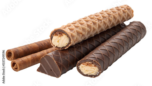 Chocolate wafer roll, crispy wafer tube, chocolate drizzle, close-up photography, studio lighting, white background, dessert, snack, confectionery, high-resolution