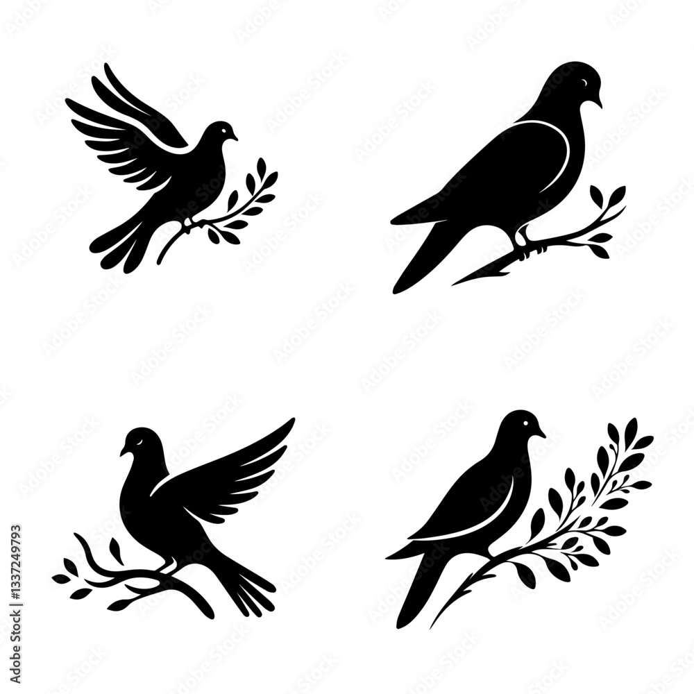 Obraz premium Decorative bird silhouettes of doves and pigeons in peaceful poses with floral elements, perfect for wedding invitations, religious themes, and nature-inspired designs