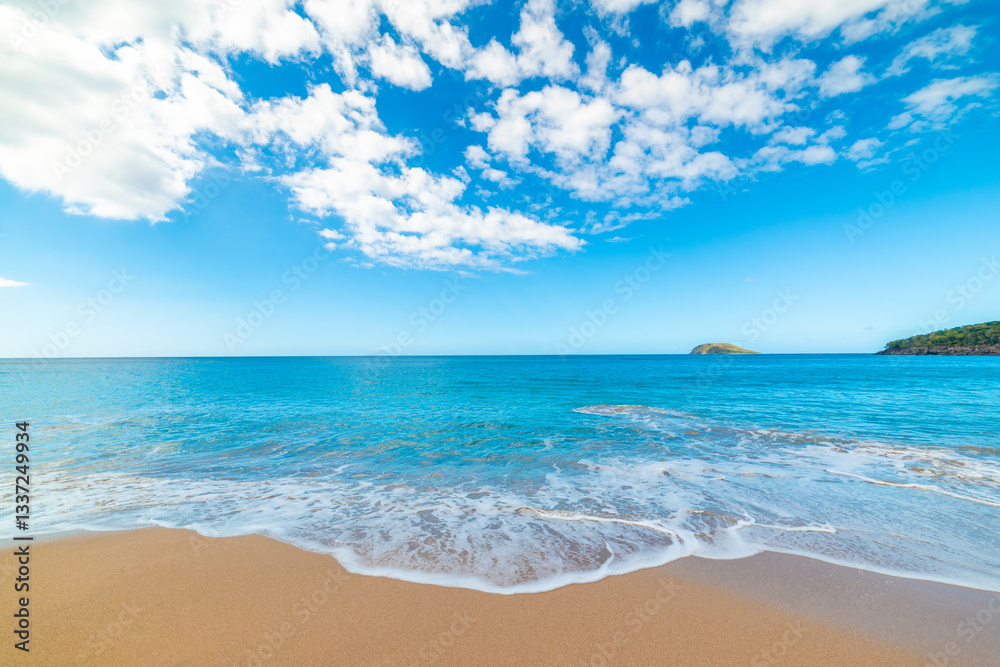 Golden sand and blue sea in a tropical beach