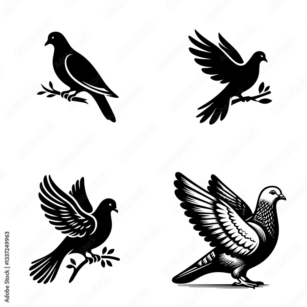Obraz premium Elegant Bird Silhouettes with Floral Elements – Vintage Nature Illustration
