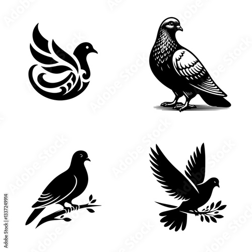 Stunning bird silhouettes featuring doves and pigeons with floral elements, perfect for nature-inspired artwork, tattoo designs, or decorative illustrations