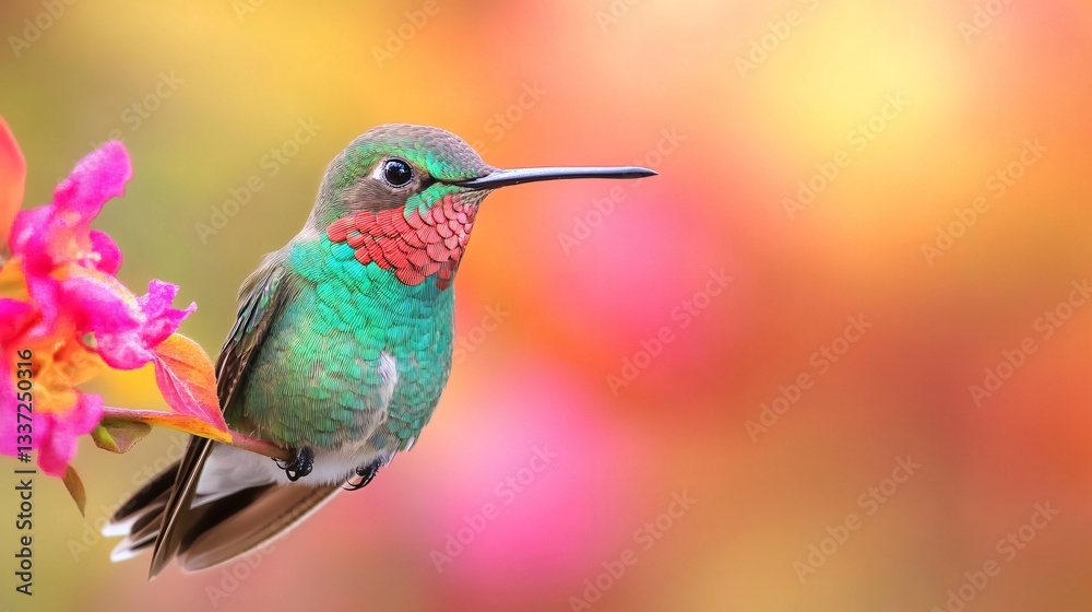 Naklejka premium Colorful hummingbird perched on a vibrant flower, showcasing iridescent feathers, nature's beauty, bright floral backdrop.