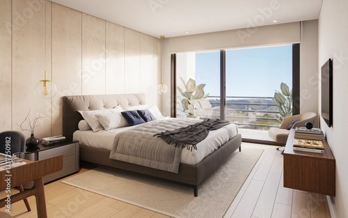 Quadro em tela Dormitorio principal en tonos beige con balcon y vista al paisaje, 3d render