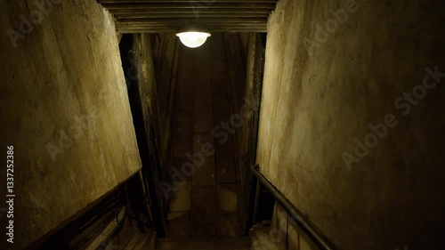 Walking down a dimly lit stairway and into a narrow underground passage. The walls are aged and rough, with a single overhead light illuminating the descent. 