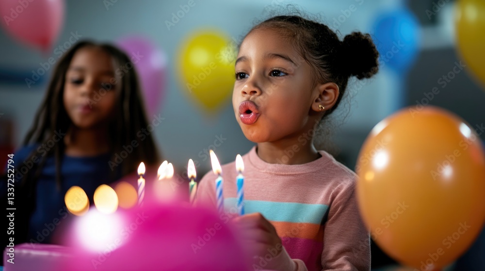Obraz premium Young african female child blowing out birthday candles at party with colorful balloons