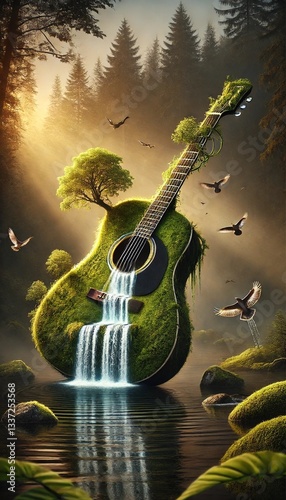 A surreal landscape featuring a guitar made of lush green vegetation and flowing water, surrounded by birds and a serene forest backdrop at sunrise.