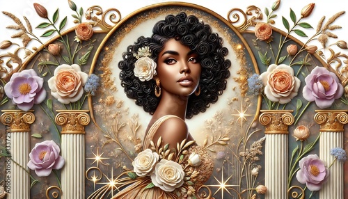 A beautiful woman with curly hair adorned with flowers, surrounded by decorative elements and soft colors, representing elegance and femininity.