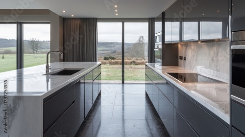 A luxury kitchen design with deep charcoal gray cabinets, white marble countertops, and polished stainless steel appliances
