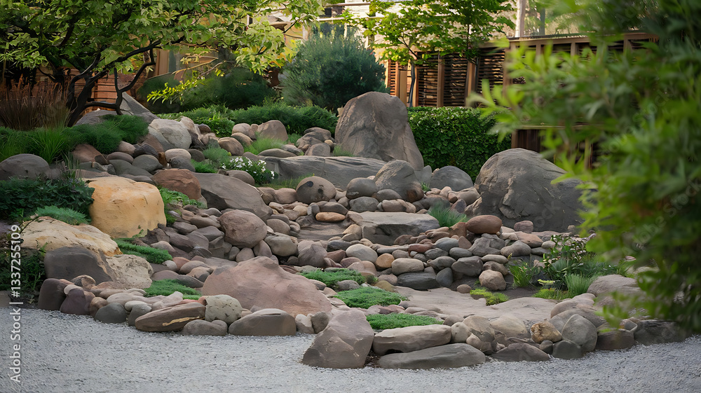 A photo of a rock garden with a harmonious arrangement of stones, stones intertwined with vibrant green grass, creating a harmonious natural landscape, created with generative ai A photo of a rock garden with a harmonious arrangement of stones, stones intertwined with vibrant green grass, creating a harmonious natural landscape, created with generative ai