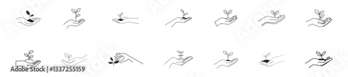 Plant sprout in the hand set. hand of nature, cultivating growth and sustainability, Growth concept editable stroke outline icon isolated on transparent background flat vector illustration.