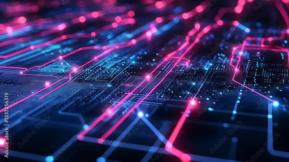 Abstract representation of a digital circuit board with vibrant neon lights and intricate patterns Abstract representation of a digital circuit board with vibrant neon lights and intricate patterns