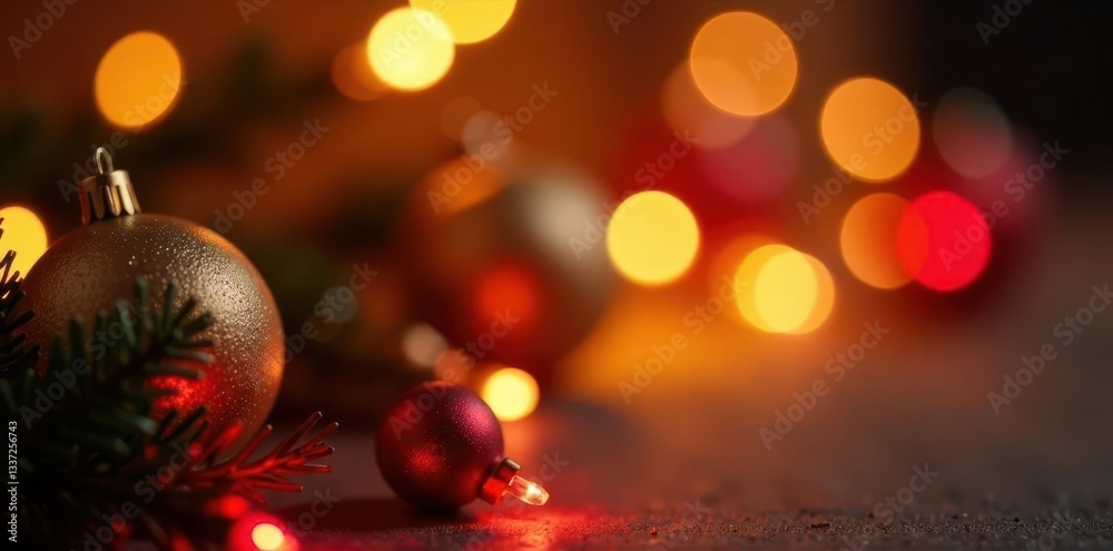 Fototapeta premium Soft-focus Christmas lights, warm gold & red tones, dreamy, warm