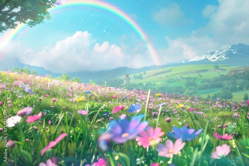 Fototapeta premium Magical green spring landscape with colorful rainbow flowers meadow sky.