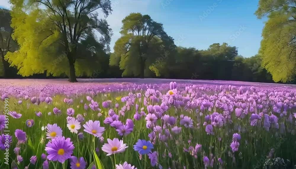 A colorful spring meadow with blooming flowers in a peaceful park A colorful spring meadow with blooming flowers in a peaceful park