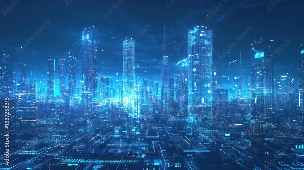 Fototapeta premium Futuristic city skyline at night with digital overlay. Use Stock photo