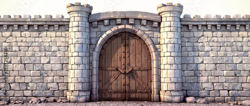 3D cartoon castle wall, wooden doors, game background, white background, sturdy design.