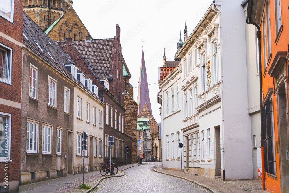 Fototapeta premium Cobblestone street in Bremen, Germany, with classic European architecture on both sides