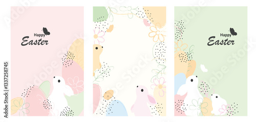Set of Happy Easter greeting cards,posters, holiday covers with Easter eggs and floral decorative elements.Pink design with typography, hand painted plants, dots, eggs and bunny, in pastel colors.