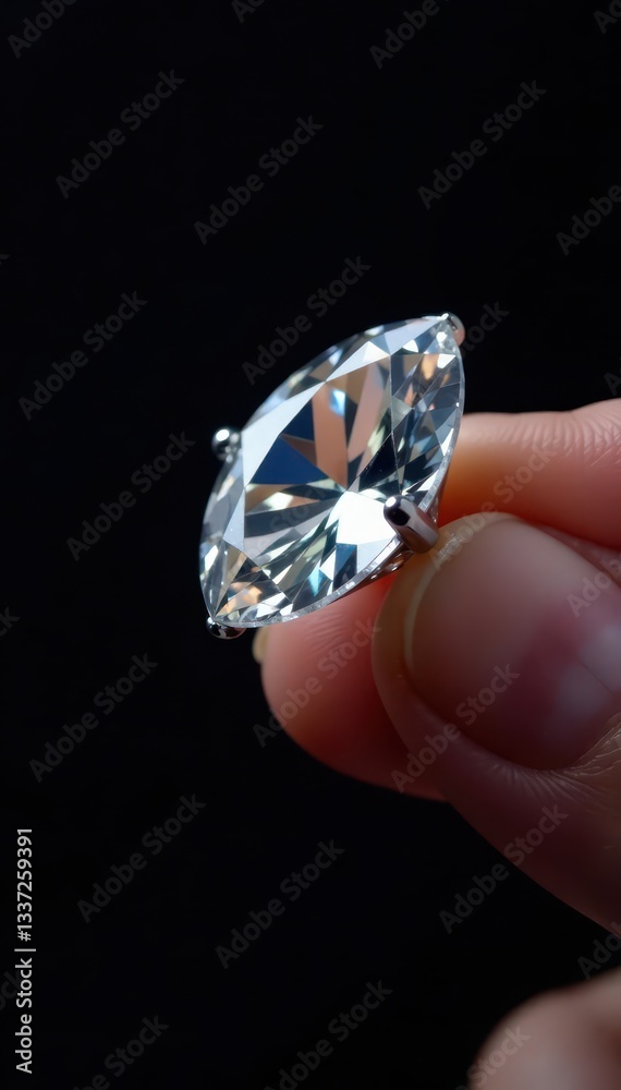 Dazzling marquise diamond delicately gripped, black background, isolated, marquise cut diamond Dazzling marquise diamond delicately gripped, black background, isolated, marquise cut diamond