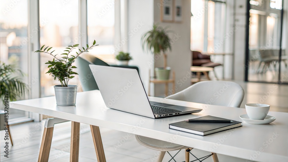 Modern workspace with laptop and plants in bright office setting Modern workspace with laptop and plants in bright office setting