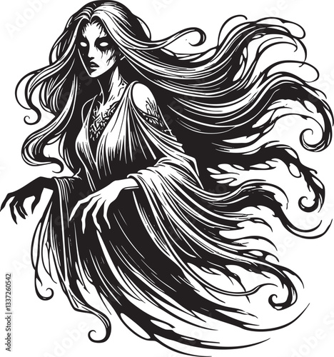 Ethereal Ghost Woman Vector Outline