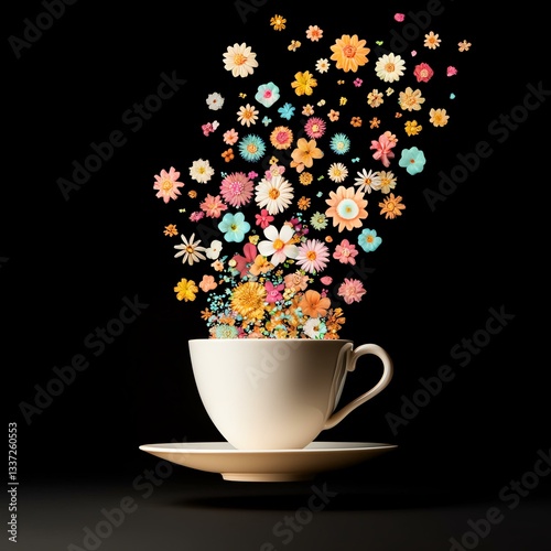 A whimsical tea cup overflowing with colorful flowers, creating a vibrant and cheerful atmosphere.