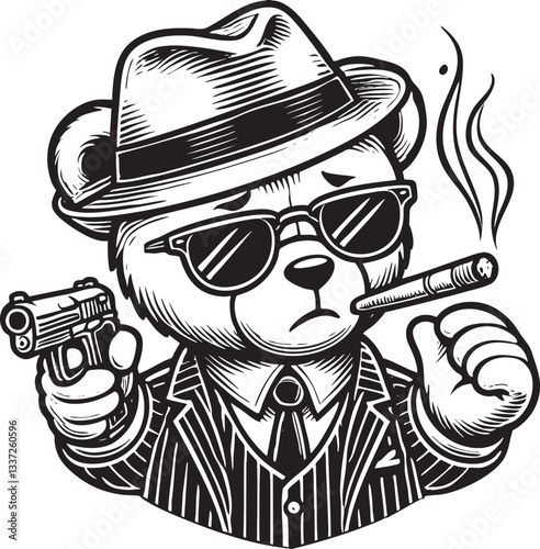 Gangster Bear Vector Black and White Outline Illustration