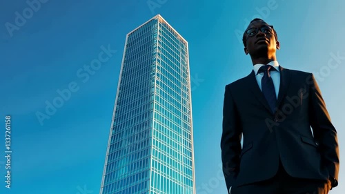Confident Businessman in Suit Stands Before Modern Skyscraper Under Blue Sky, Embodying Corporate Ambition, Success, and Professionalism in Modern Architecture