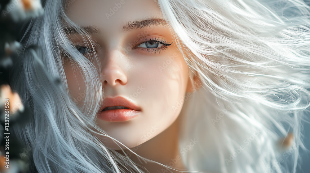 Fototapeta premium Close-up portrait of a young girl with lush white hair and blue eyes looking at the camera. Hair fluttering in the wind