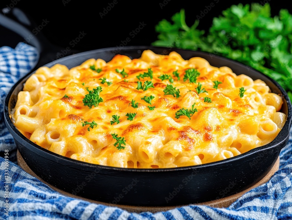 Creamy baked macaroni and cheese in a cast iron skillet with herbs Creamy baked macaroni and cheese in a cast iron skillet with herbs