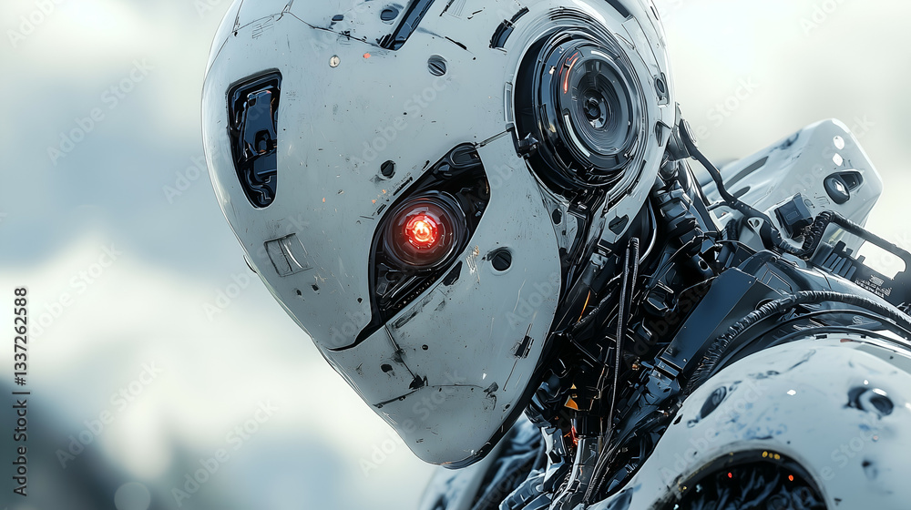 Fototapeta premium Futuristic Robotic AI Portrait: Advanced Cybernetic Design in a Dystopian Vision